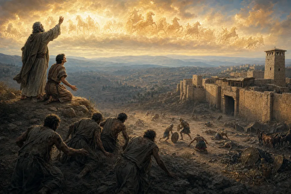 Oil painting: Elisha and his servant on a hilltop; the sky above the city fills with horses and chariots of fire.
