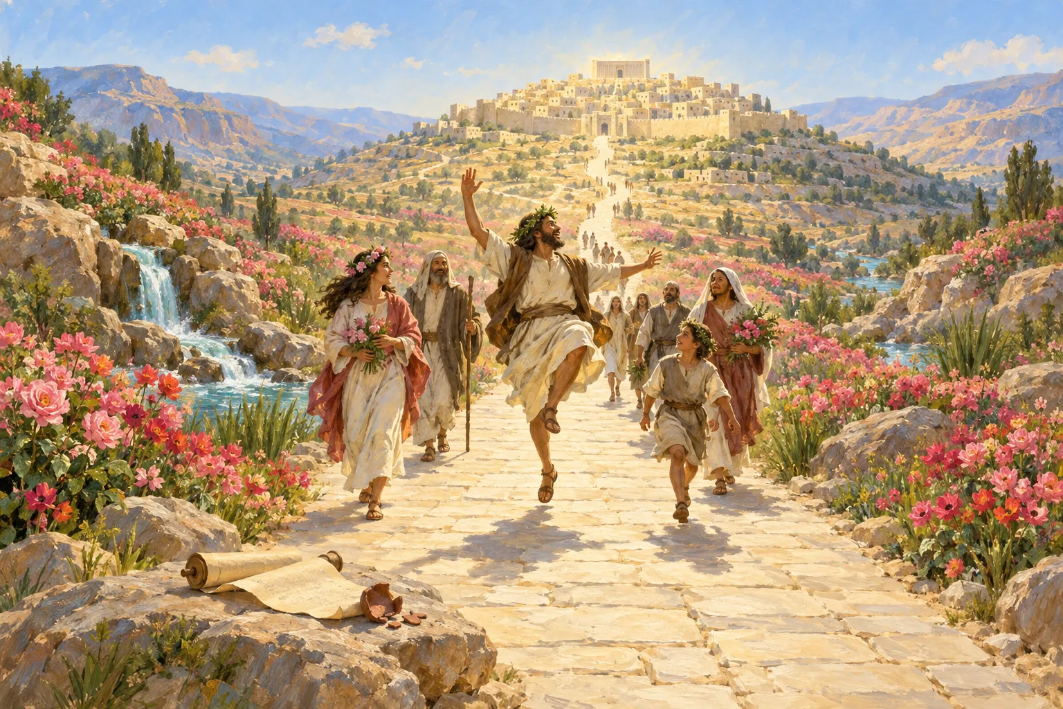 Oil painting: a stone road climbs through blooming roses toward a city on a hill as people walk home singing.