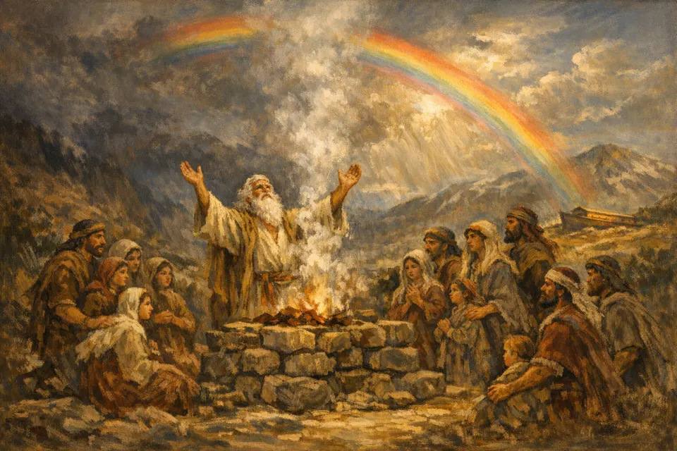 Oil painting: Noah raises his hands at an altar as a rainbow arcs across the clearing sky.