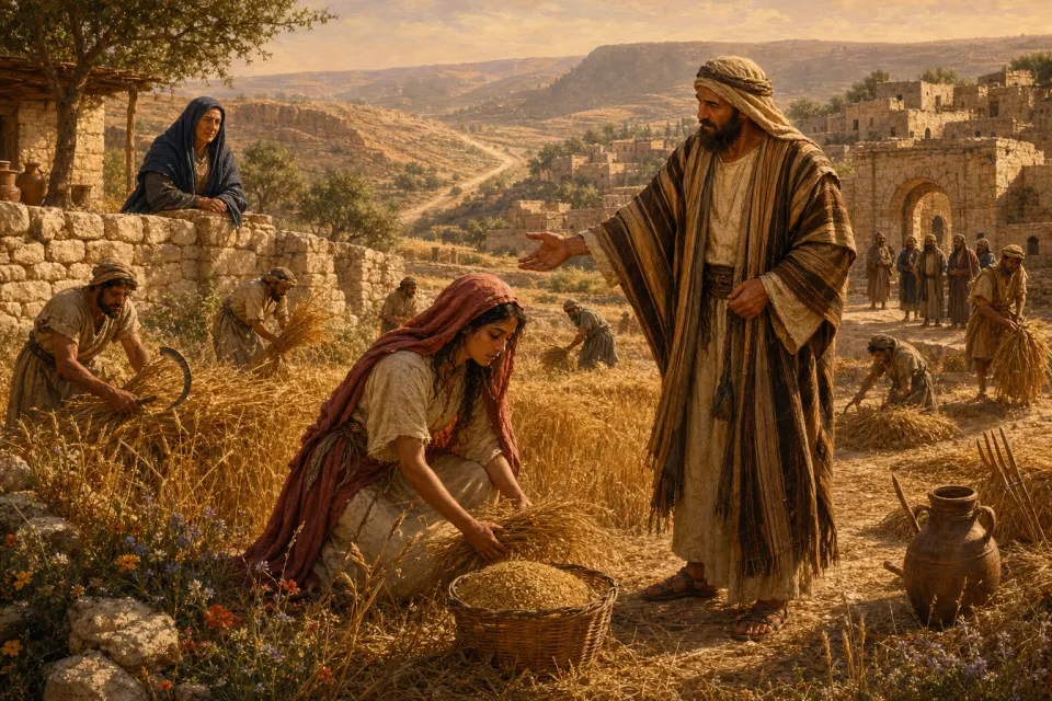 Oil painting: Ruth gleans grain in the field of Boaz, who stands nearby.